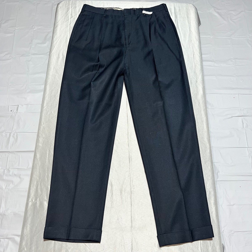 Tommy Hilfiger Mens Dress Pant 34x32 Navy Blue Double Pleat Cuffed Wool Trousers